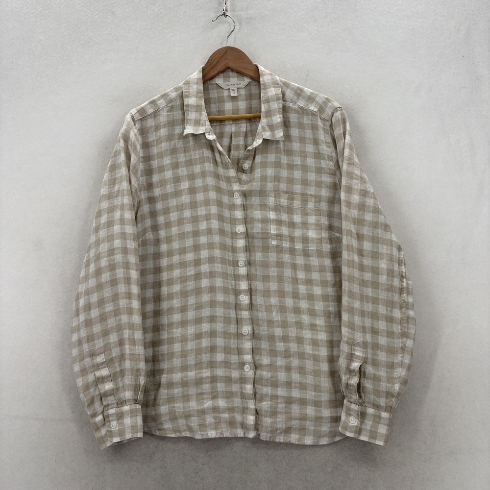 Garnet Hill Shirt Womens 12 Beige Check 100% Linen Button Up Long Sleeve Top